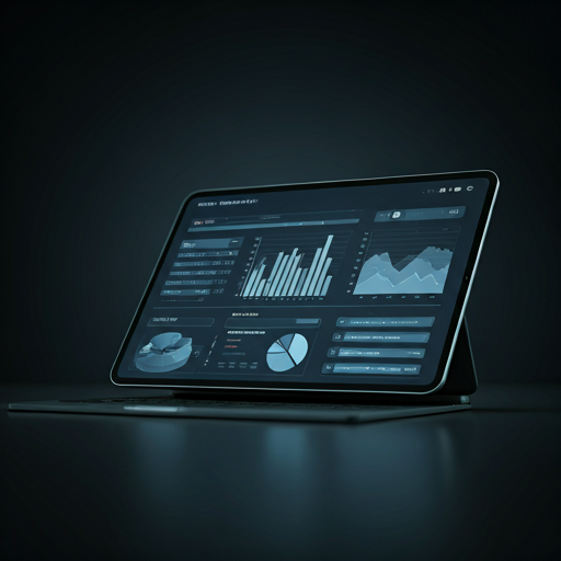 Financial dashboard on a tablet showing charts and ledger lines